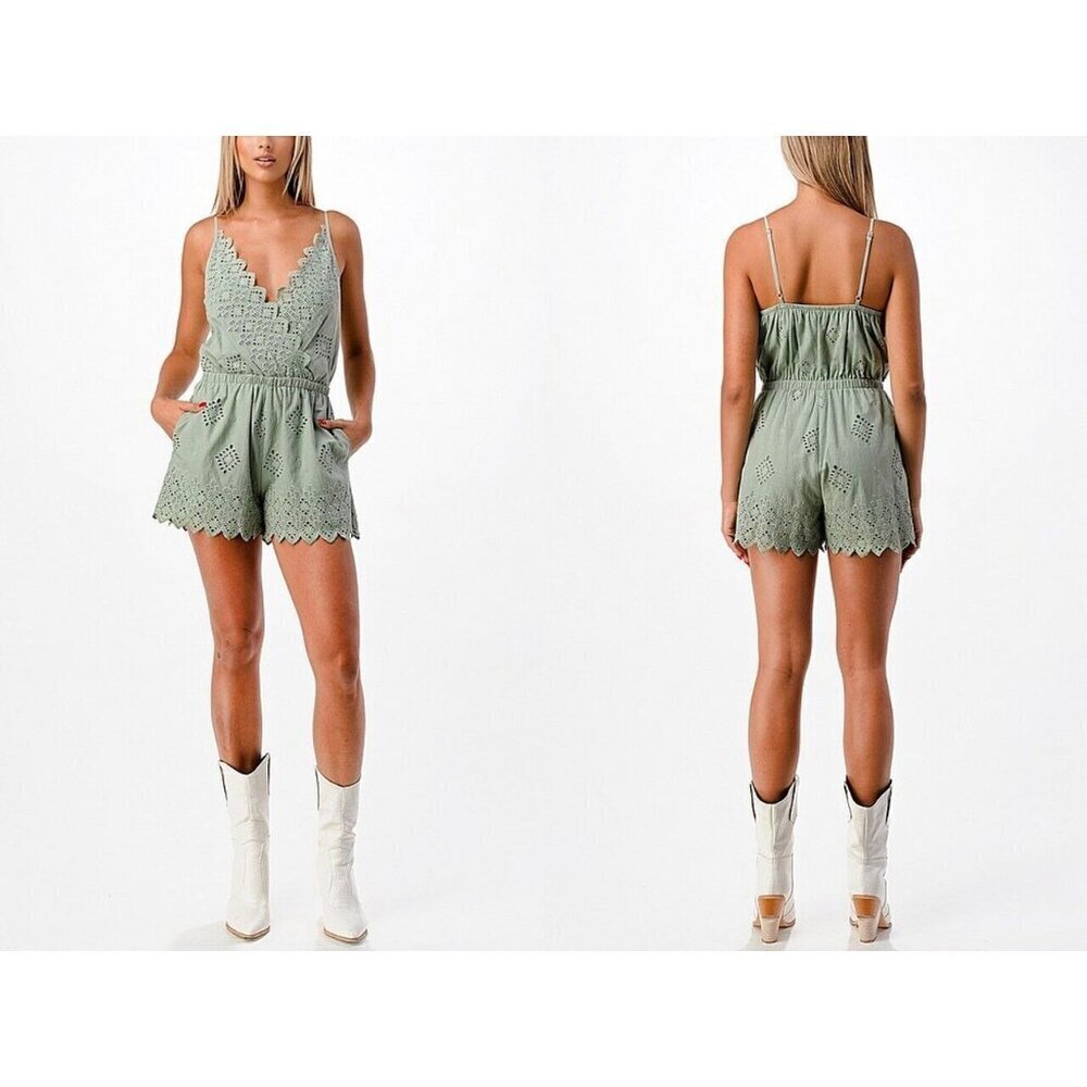 MISS ME Womens Green Romper Embroidered shorts sleeveless M scalloped feminine